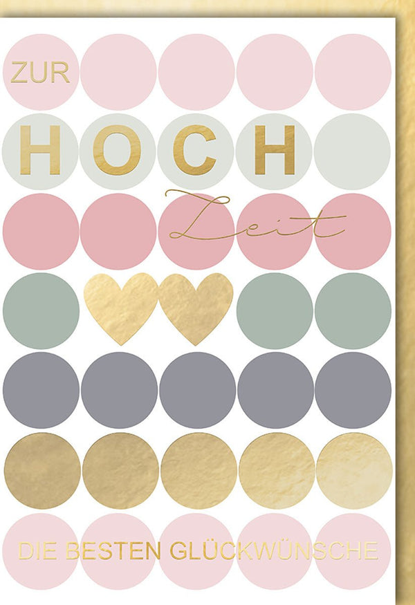 Hochzeitskarte mit goldenen Herzen und Kreisen – Beste Wünsche in Goldschrift auf Weiß