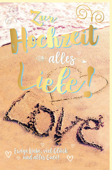 Hochzeitskarte mit Herz & Sand in Goldfolie – Romantische Grüße zur Verlobung, Heirat & Jubiläum für das glückliche Paar