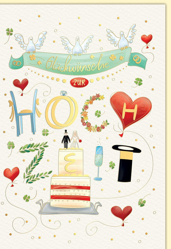 Hochzeitskarte mit Hochzeitstorte, Sektglas und Hut - Herzliche Glückwünsche zur Trauung