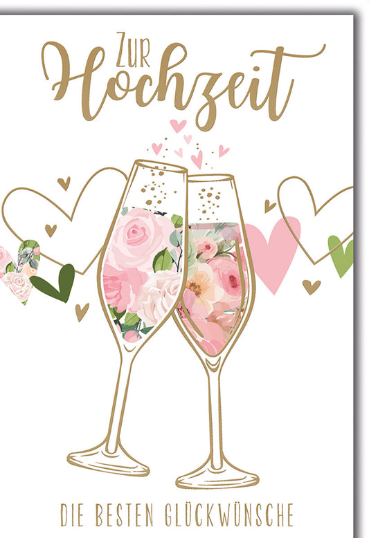 Hochzeitskarte Romantisch – Champagnergläser mit Rosen und Herzgirlande in Pastellfarben