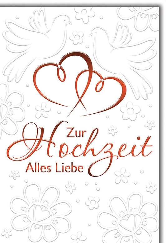 Hochzeitskarte Romantisch – Tauben mit Herzmotiv und floralen Prägungen