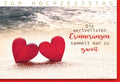 Hochzeitskarte mit zwei roten Herzen am Strand und Spruch zum Hochzeitstag – romantische Grußkarte für Paare und Jubiläum