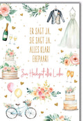 Hochzeitskarte Modern – Brautpaar-Outfits mit Fahrrad und Pastellblumen-Design