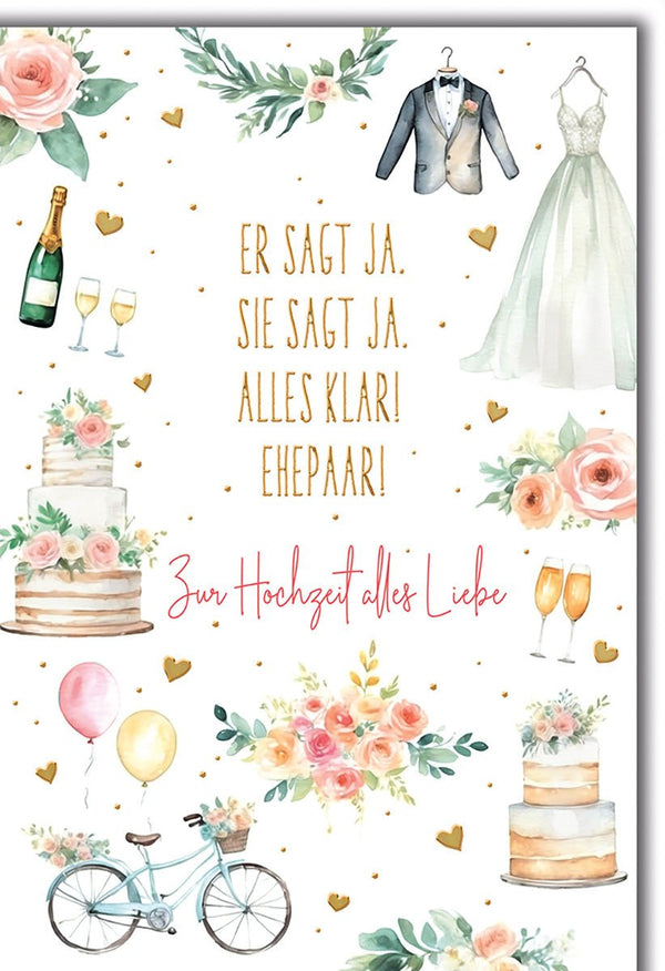 Hochzeitskarte Modern – Brautpaar-Outfits mit Fahrrad und Pastellblumen-Design