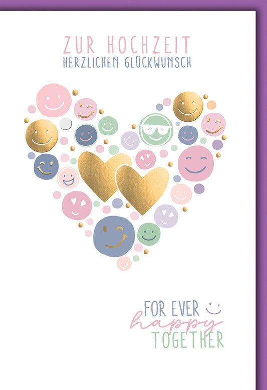 Hochzeitskarte Modern – Herz aus Smileys mit goldenen Akzenten und Pastellfarben