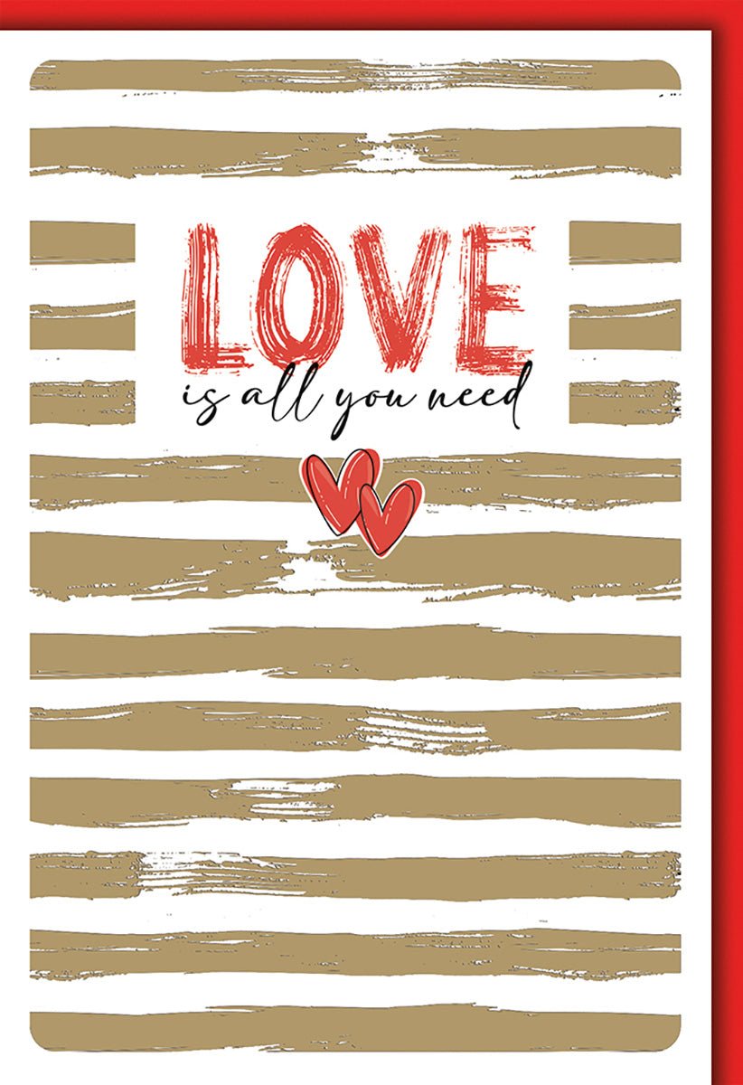 Hochzeitskarte Modern – Goldene Streifen mit Roten Herzen und Handlettering