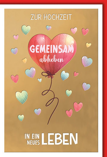 Hochzeitskarte Modern – Herzballon mit bunten Herzen und goldener Hintergrund