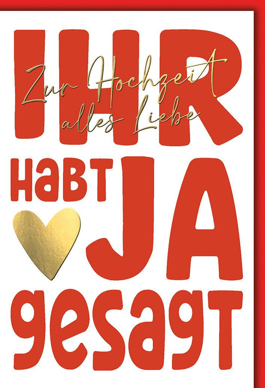 Hochzeitskarte Modern – Rote Schrift mit Goldherz und handgeschriebenem Schriftzug