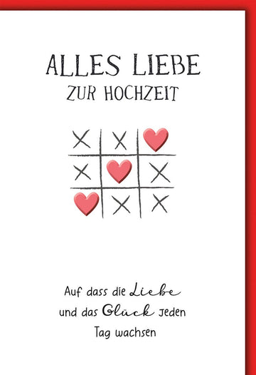 Hochzeitskarte Modern – Tic - Tac - Toe Herzen mit liebevollem Wunsch in Rot und Weiß
