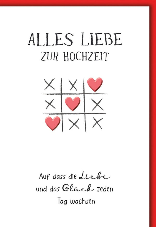 Hochzeitskarte Modern – Tic-Tac-Toe Herzen mit liebevollem Wunsch in Rot und Weiß