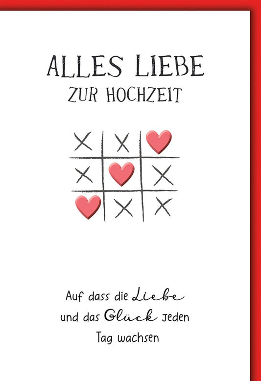 Hochzeitskarte Modern – Tic - Tac - Toe Herzen mit liebevollem Wunsch in Rot und Weiß