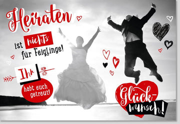 Hochzeitskarte - Moderne Glückwünsche mit Luftsprung - Motiv für Brautpaar in Schwarz, Weiß & Rot - Kreative Gratulation zur Ehe