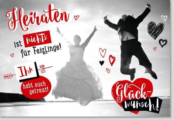 Hochzeitskarte - Moderne Glückwünsche mit Luftsprung-Motiv für Brautpaar in Schwarz, Weiß & Rot - Kreative Gratulation zur Ehe