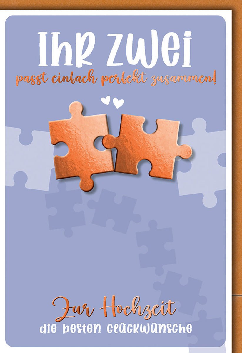 Hochzeitskarte Puzzle - Motiv – Kupferne Puzzleteile auf Lavendel - Hintergrund mit Herz