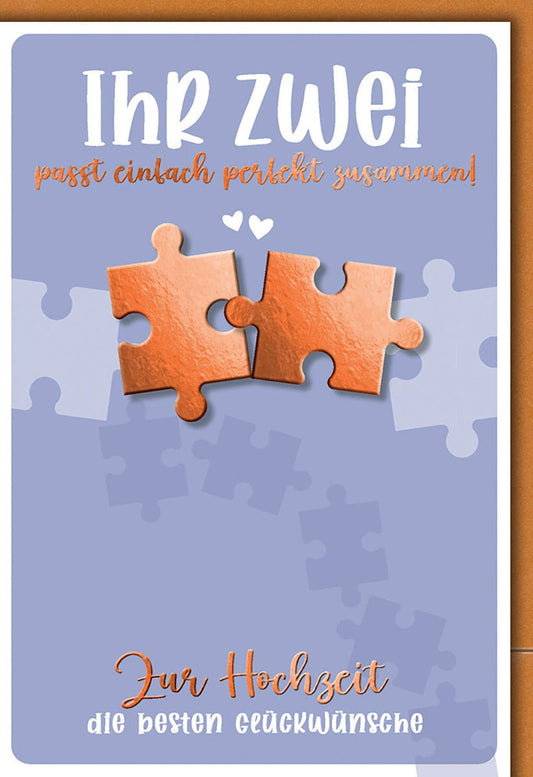 Hochzeitskarte Puzzle - Motiv – Kupferne Puzzleteile auf Lavendel - Hintergrund mit Herz