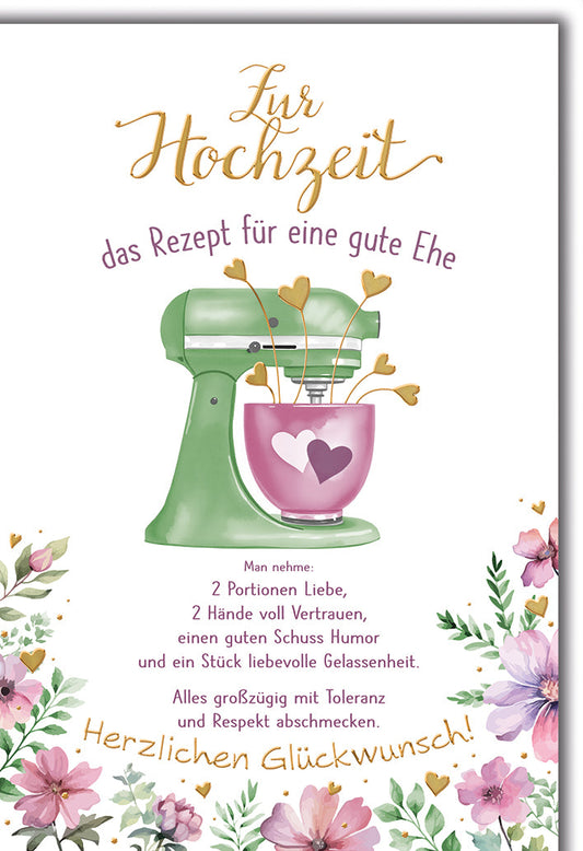 Hochzeitskarte Humorvoll – Grüne Küchenmaschine mit Herzrührern und Blumenmotiv