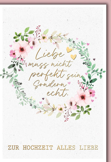 Hochzeitskarte Romantisch – Blumenkranz mit Goldschrift und Herz - Details