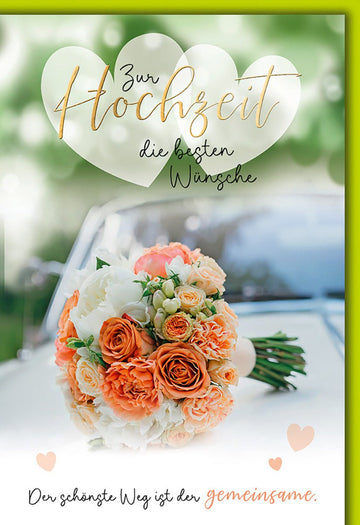 Hochzeitskarte Romantisch – Blumenstrauß auf Auto mit Herzmotiv und Zitat