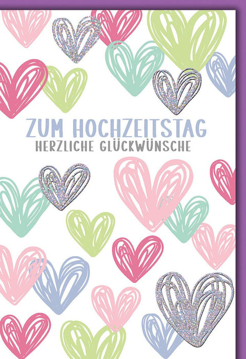 Hochzeitskarte Romantisch – Bunte Herzen mit Glitzerakzenten und Pastellfarben