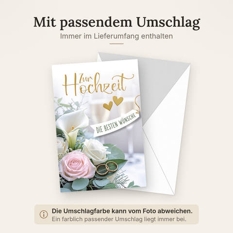 Hochzeitskarte Romantisch – Calla und Rosen mit goldenen Ringen und Champagnerflöten