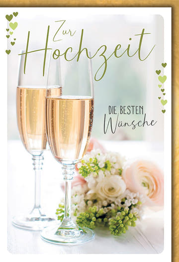 Hochzeitskarte Romantisch – Champagnergläser mit Blumen und Herz - Design in Pastellfarben