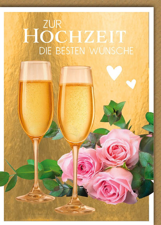 Hochzeitskarte Romantisch – Champagnergläser mit Rosen und goldener Hintergrund