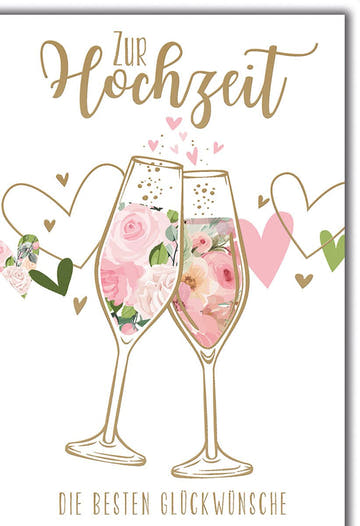 Hochzeitskarte Romantisch – Champagnergläser mit Rosen und Herzgirlande in Pastellfarben