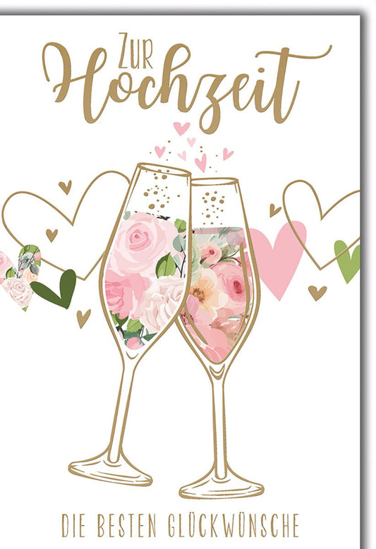 Hochzeitskarte Romantisch – Champagnergläser mit Rosen und Herzgirlande in Pastellfarben