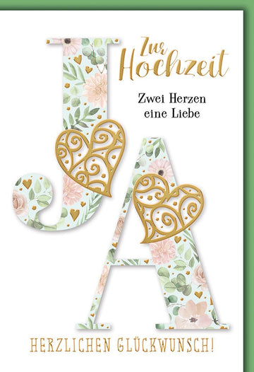 Hochzeitskarte Romantisch – Florale Initialen mit goldenen Herzen und zartem Design