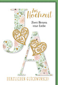 Hochzeitskarte Romantisch – Florale Initialen mit goldenen Herzen und zartem Design