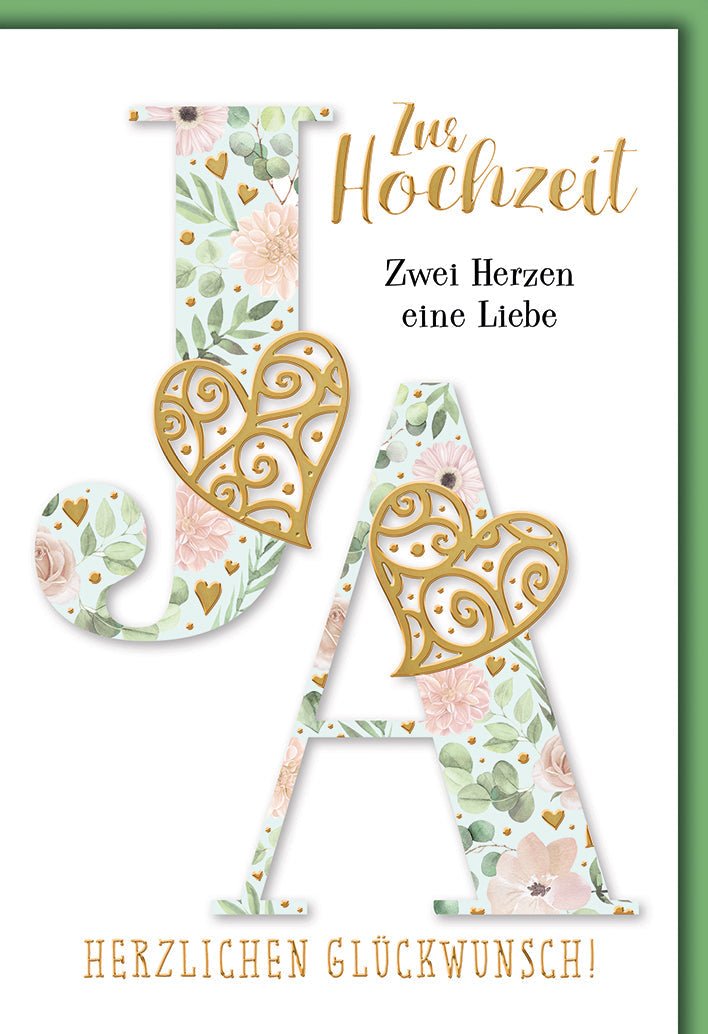 Hochzeitskarte Romantisch – Florale Initialen mit goldenen Herzen und zartem Design