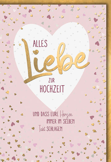 Hochzeitskarte Romantisch – Goldene Liebe auf Herz mit Konfetti in Rosa und Weiß