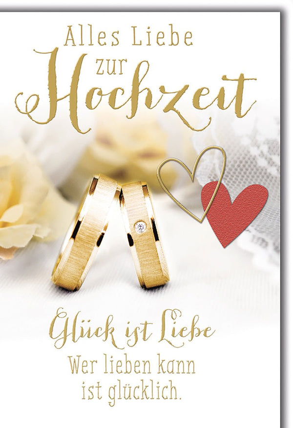 Hochzeitskarte Romantisch – Goldene Ringe mit Herz und zartem Blumenmotiv