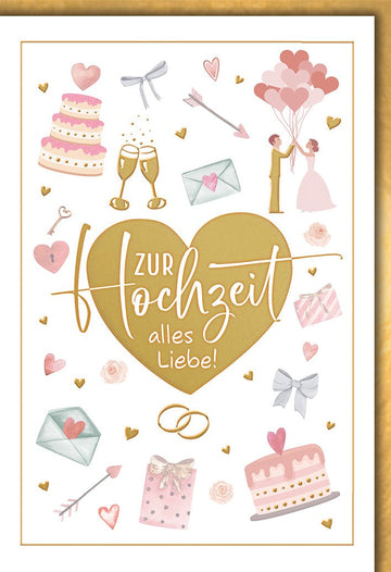 Hochzeitskarte Romantisch – Goldherz mit Brautpaar und pastellfarbenen Symbolen