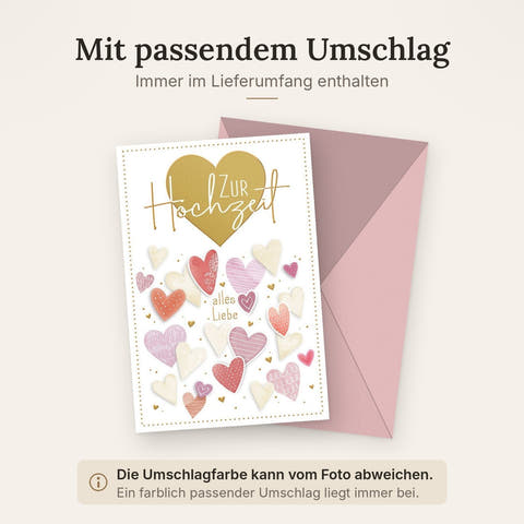 Hochzeitskarte Romantisch – Goldherz mit Pastellherzen und zarten Mustern