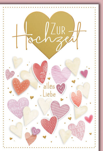 Hochzeitskarte Romantisch – Goldherz mit Pastellherzen und zarten Mustern