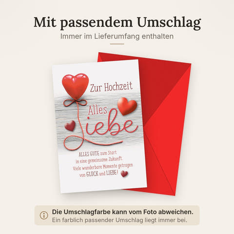 Hochzeitskarte Romantisch – Herzballon mit rotem Faden und Holzoptik-Hintergrund