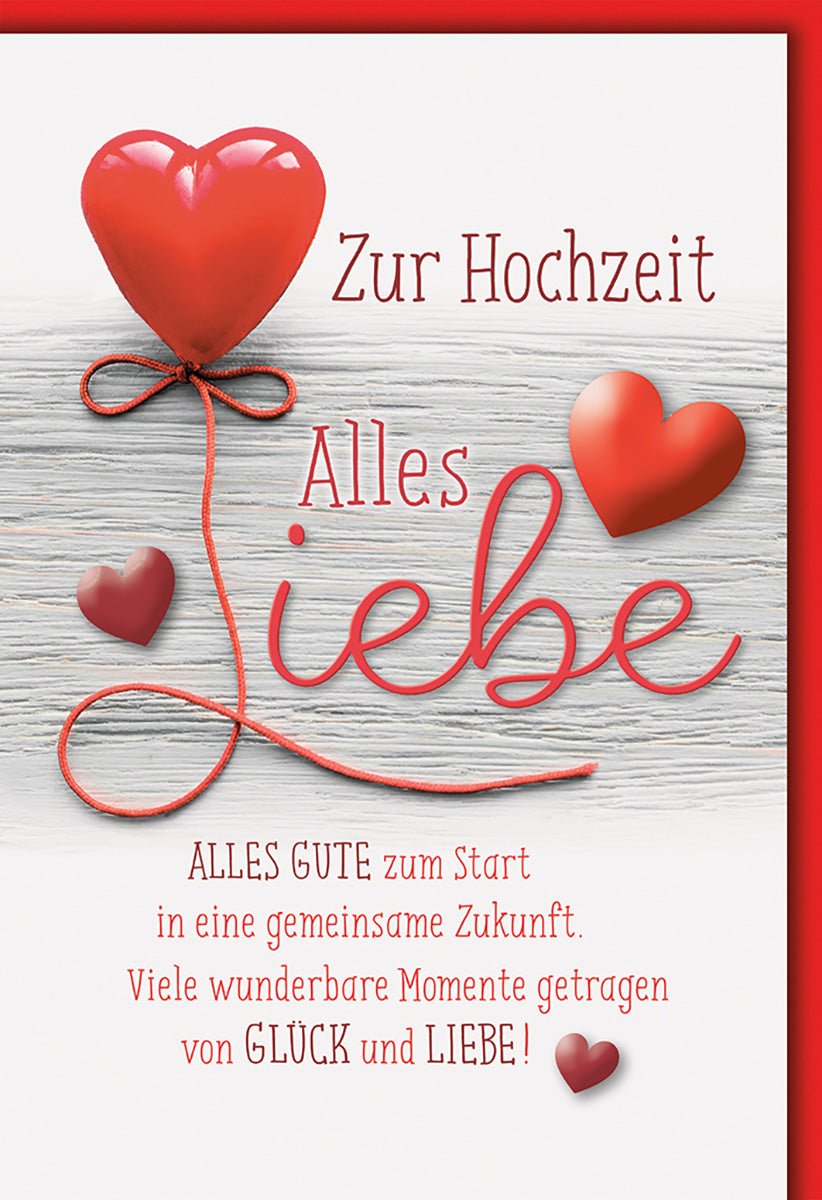 Hochzeitskarte Romantisch – Herzballon mit rotem Faden und Holzoptik - Hintergrund