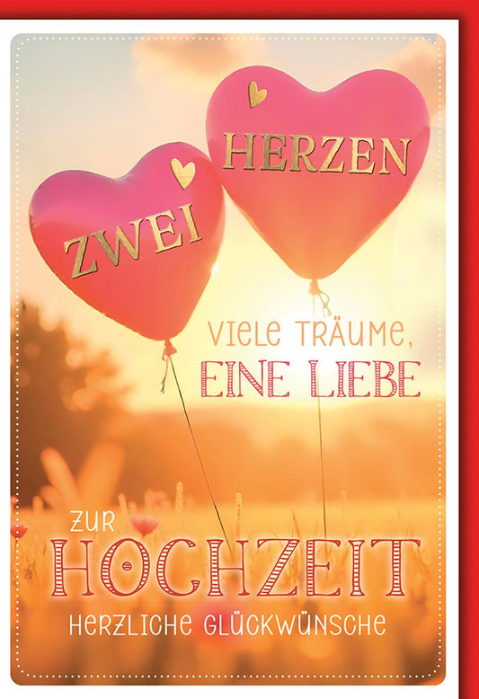 Hochzeitskarte Romantisch – Herzballons im Sonnenuntergang mit liebevollem Schriftzug