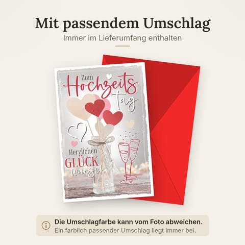 Hochzeitskarte Romantisch – Herzblumen im Glas mit Sektgläsern und handgeschriebenem Stil