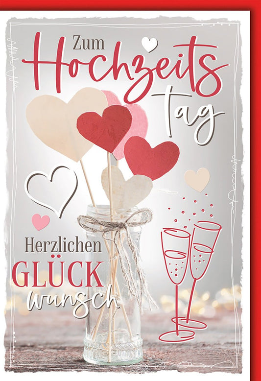 Hochzeitskarte Romantisch – Herzblumen im Glas mit Sektgläsern und handgeschriebenem Stil