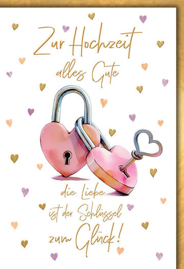 Hochzeitskarte Romantisch – Herzschlösser mit Goldakzenten und Liebesspruch
