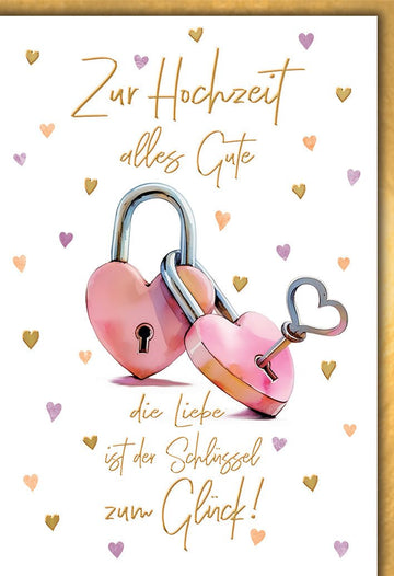 Hochzeitskarte Romantisch – Herzschlösser mit Goldakzenten und Liebesspruch