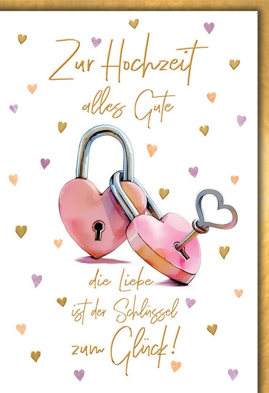Hochzeitskarte Romantisch – Herzschlösser mit Goldakzenten und Liebesspruch