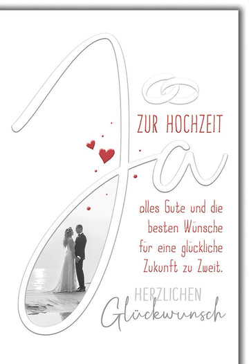 Hochzeitskarte Romantisch – "Ja" in Herzform mit Paar am Strand und rotem Akzent