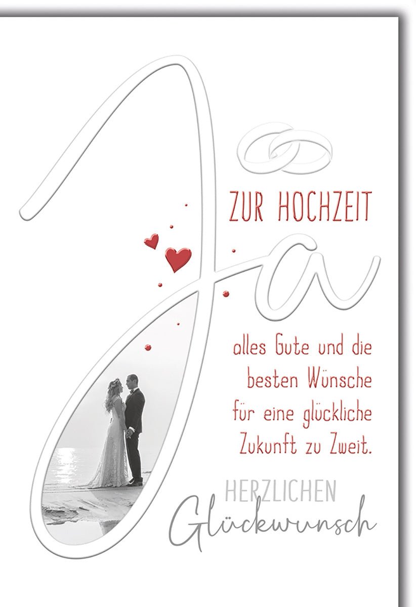 Hochzeitskarte Romantisch – "Ja" in Herzform mit Paar am Strand und rotem Akzent
