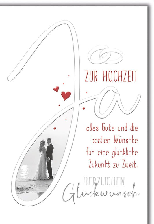 Hochzeitskarte Romantisch – "Ja" in Herzform mit Paar am Strand und rotem Akzent