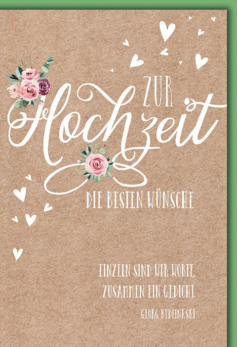 Hochzeitskarte Romantisch – Kraftpapier mit Rosen und Zitat von Georg Bydlinski