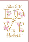 Hochzeitskarte Romantisch – LOVE in Gold mit Rosa Magnolien und elegantem Schriftzug
