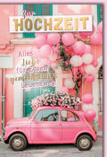 Hochzeitskarte Romantisch – Pinkes Auto mit Blumen und Ballons im Vintage-Stil